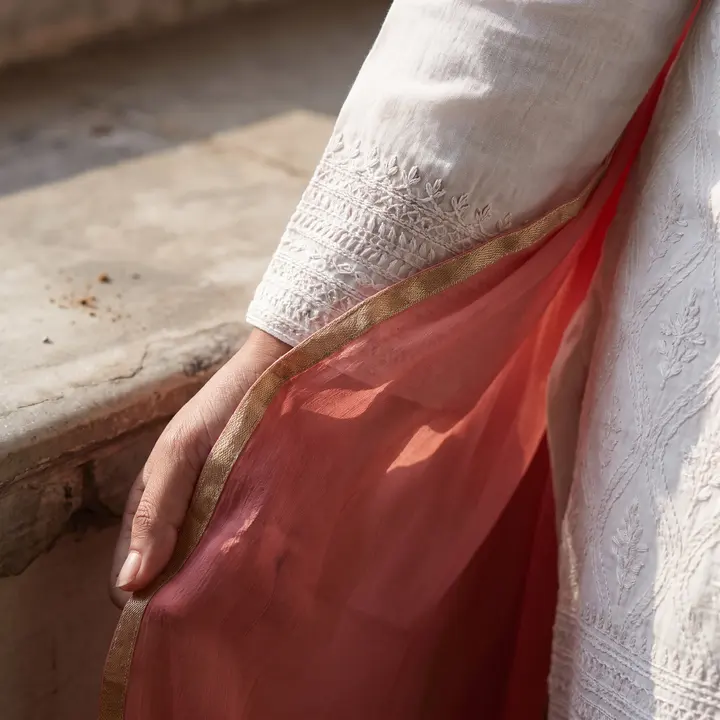 Do Pehr coral organza dupatta against an ivory embroidered sleeve