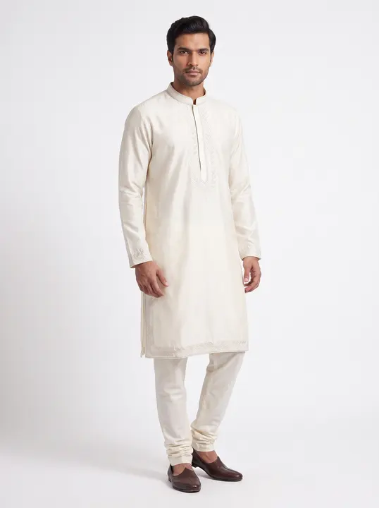 Ecom: man in ivory kurta and churidar on white