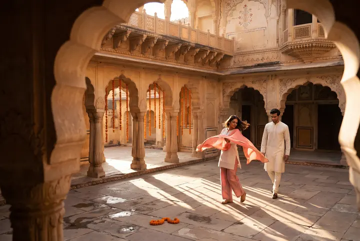 Couple walking through a sunlit sandstone haveli courtyard, she trails a coral dupatta