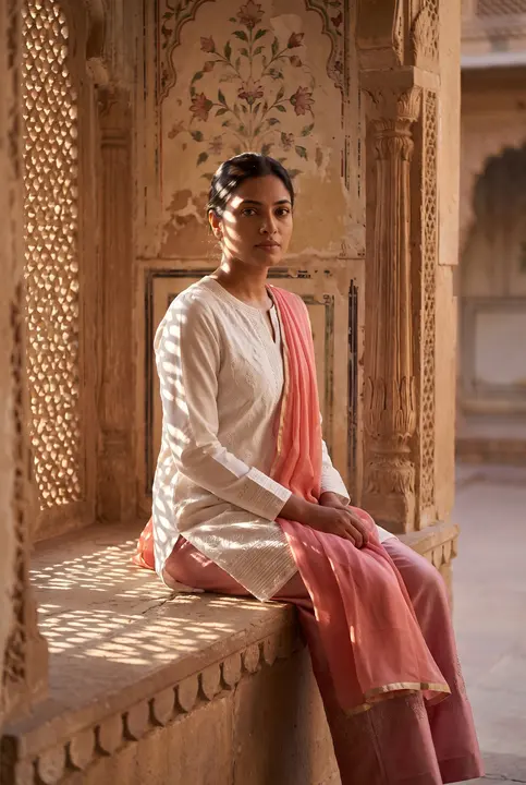 Do Pehr cover look: ivory tunic and coral dupatta in a carved window niche