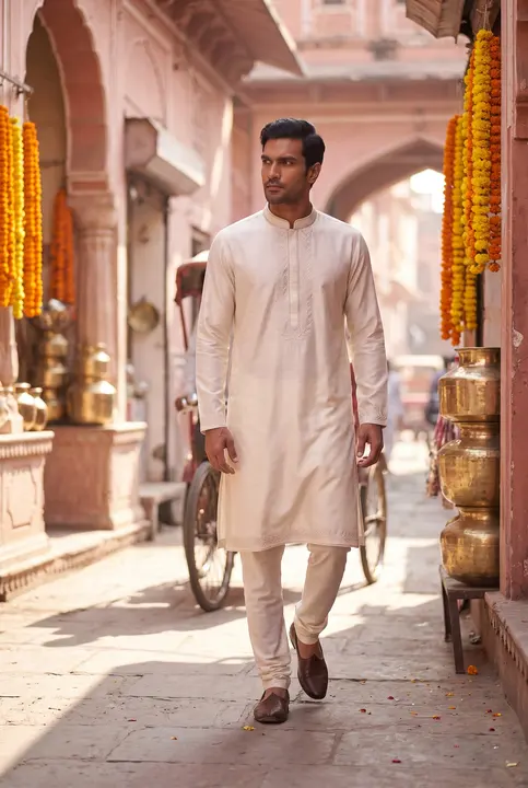 Man in ivory kurta walking a marigold-garlanded old-city lane