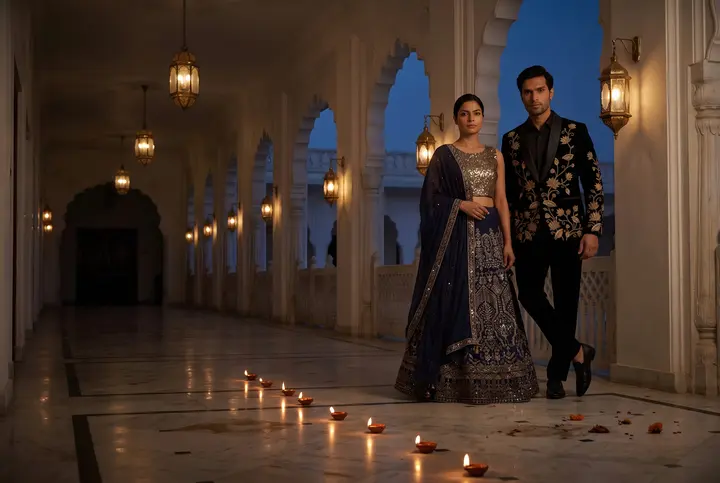 Do Pehr navy lehenga and black embroidered jacket in a lamp-lit arcade