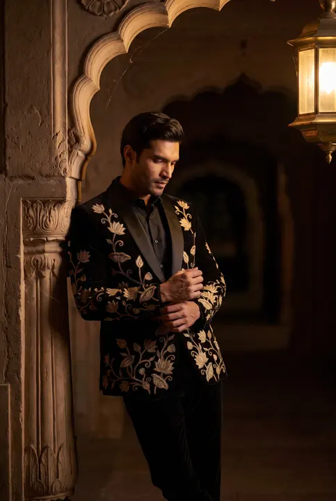 Do Pehr black embroidered jacket in a lantern-lit arch