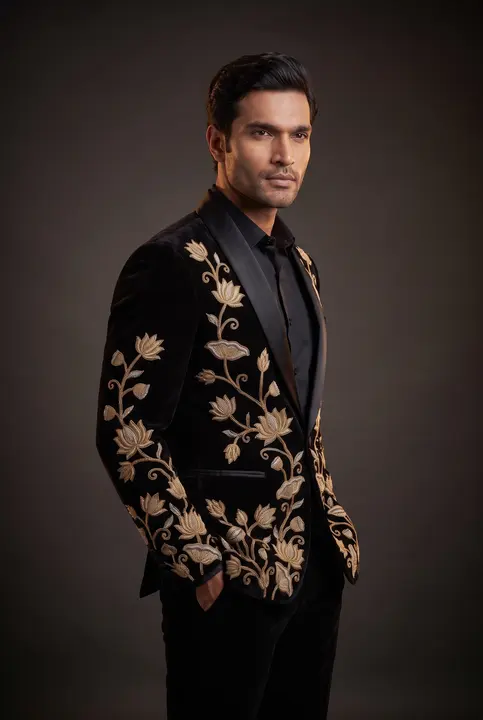 Studio portrait: man in black velvet embroidered jacket, dark backdrop