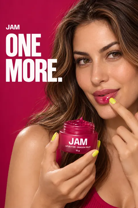 JAM lip butter in a finished campaign portrait