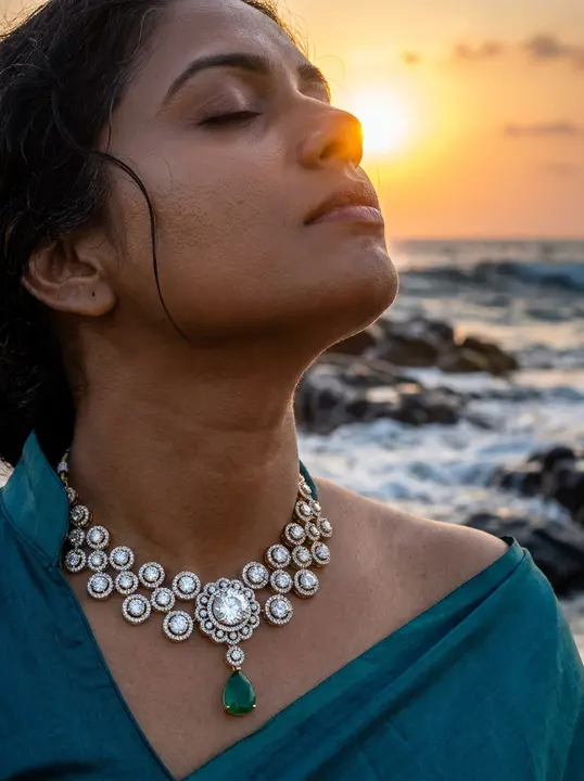 Woman with closed eyes facing the sunset on a rocky beach, wearing a diamond collar necklace with emerald drop and teal saree.
