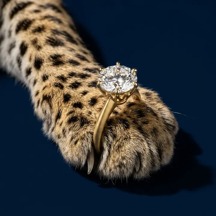 Solitaire ring around a leopard paw on deep navy.