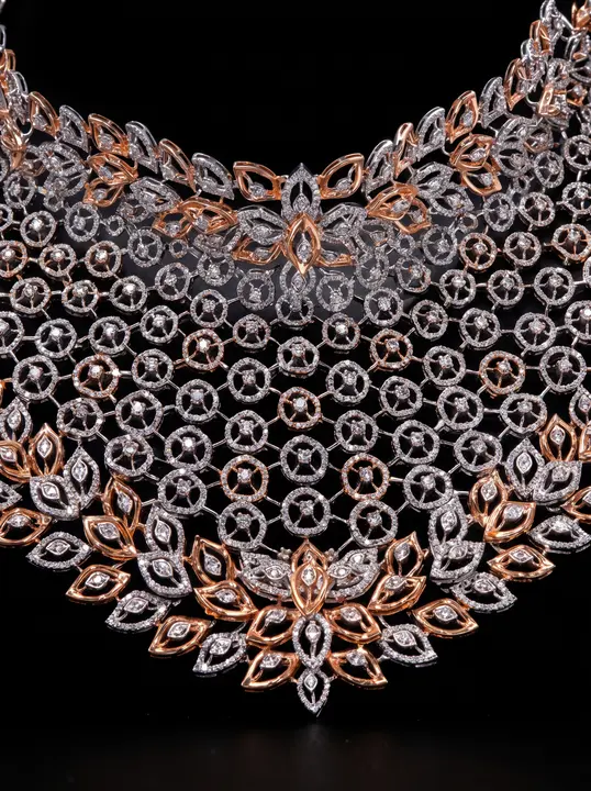 Rose-gold diamond bib necklace on black, dark-field hero.