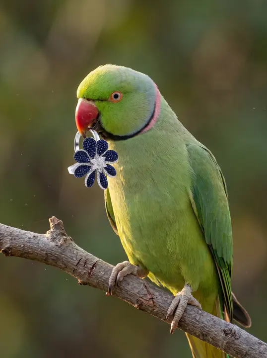 Green ring-necked parakeet on a branch holding a sapphire-and-diamond flower ring in its beak; the off-menu frame.