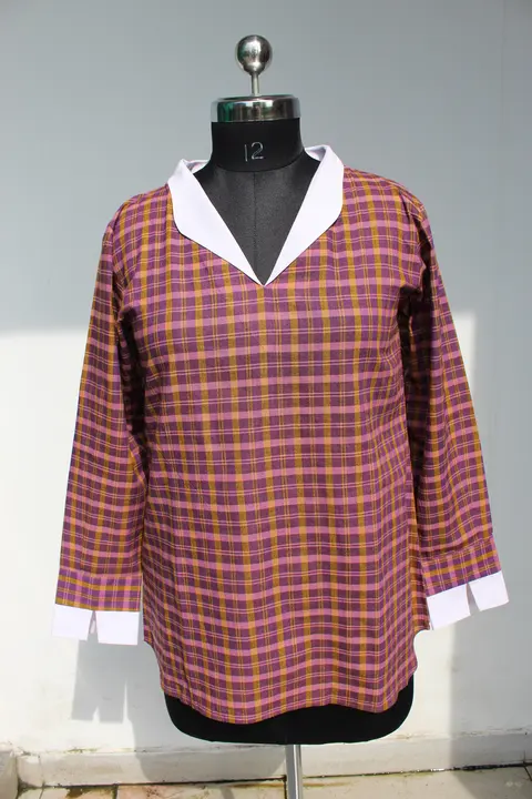 Client photo: Sabki Madras shirt on the dress form, whole front, slightly closer framing.
