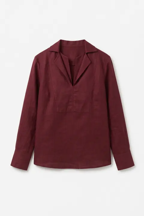 Flat-lay of the Sabki Maroon popover shirt, front view, with placket and notch collar on white.