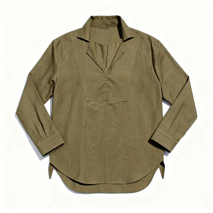 Flat-lay of the Sabki Olive popover shirt on white with placket and cuff buttons.