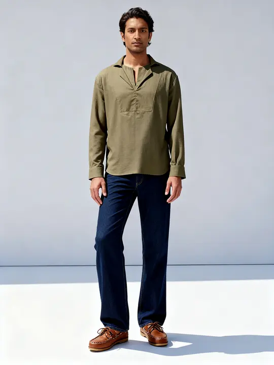 Khalis India Sabki Olive shirt styled with dark jeans
