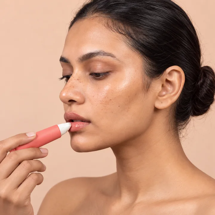 SHAAN applying the coral tube in a finished beauty portrait