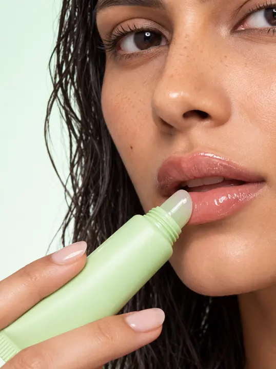 A beauty portrait applying a pale-green lip tube