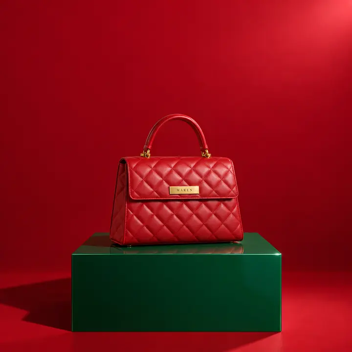 Red quilted MAREN bag on an emerald plinth